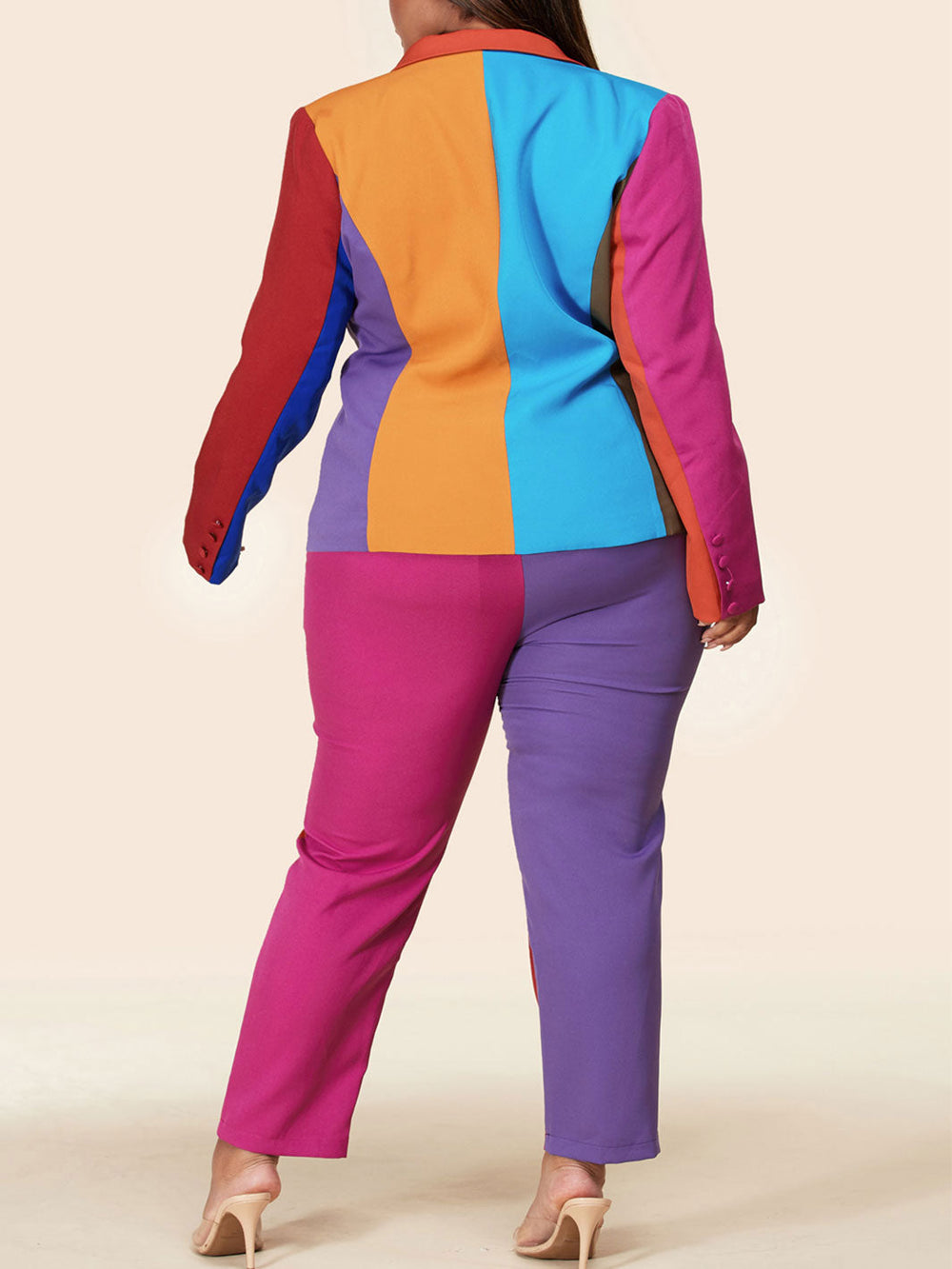 PLUS SIZE COLORBLOCK 2PC. V-NECK JACKET AND PANTS SET