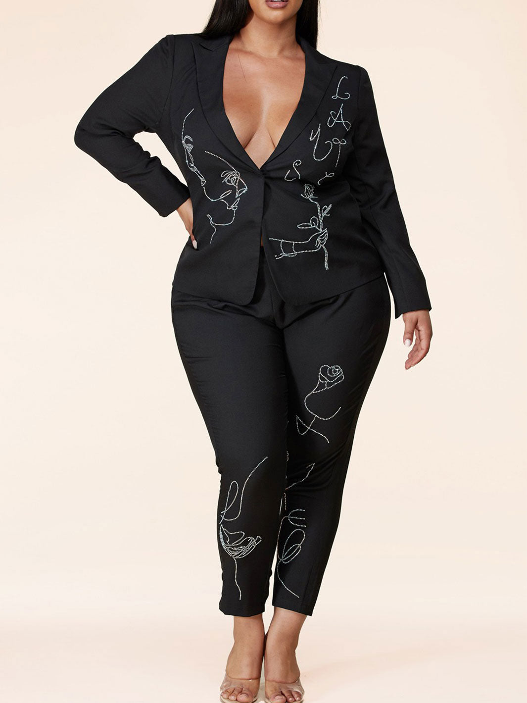 PLUS SIZE STONE ART PRINT 2PC. JACKET AND PANTS SET