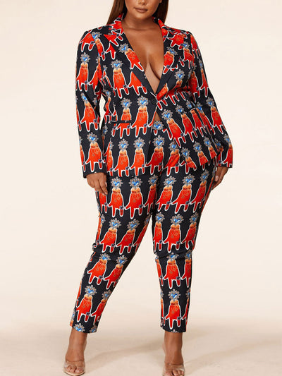 PLUS SIZE LUXURY GLOVES PRINT 2PC. JACKET AND PANTS SET