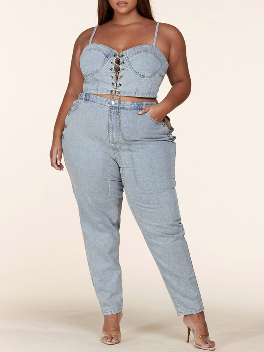 PLUS SIZE SLEEVELESS 2PC. TOP & PANTS CHAIN DENIM PRINT SET