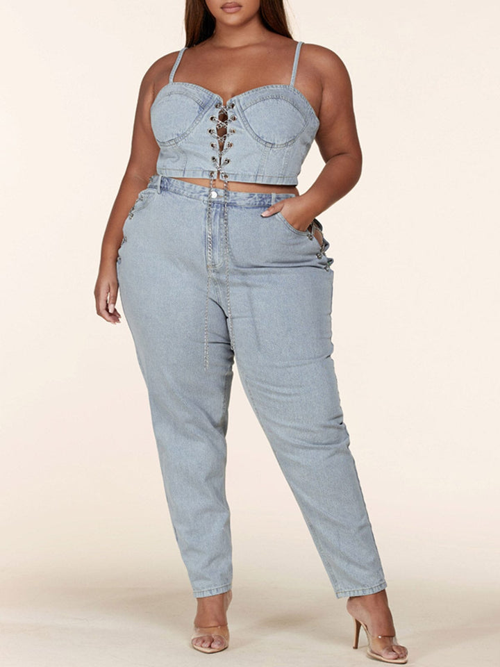 PLUS SIZE SLEEVELESS 2PC. TOP & PANTS CHAIN DENIM PRINT SET