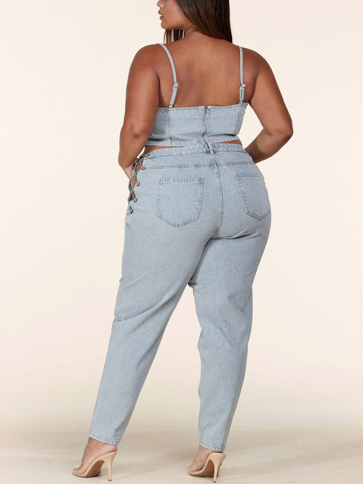 PLUS SIZE SLEEVELESS 2PC. TOP & PANTS CHAIN DENIM PRINT SET