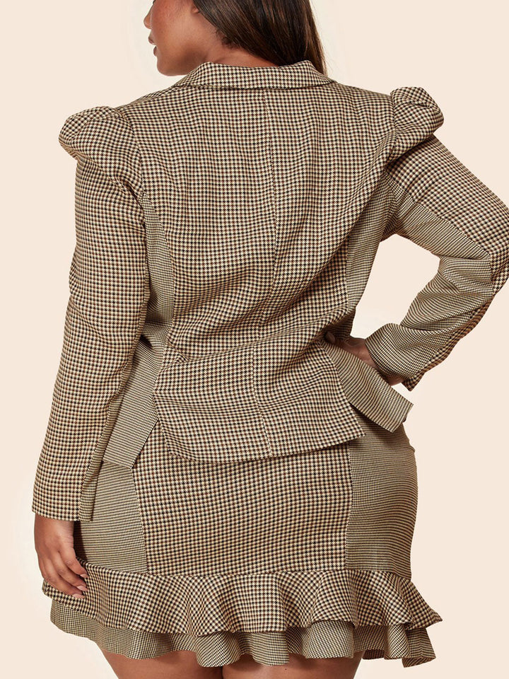 PLUS SIZE PLAID PRINT 2PC. JACKET AND MINI SKIRT RUFFLE SET