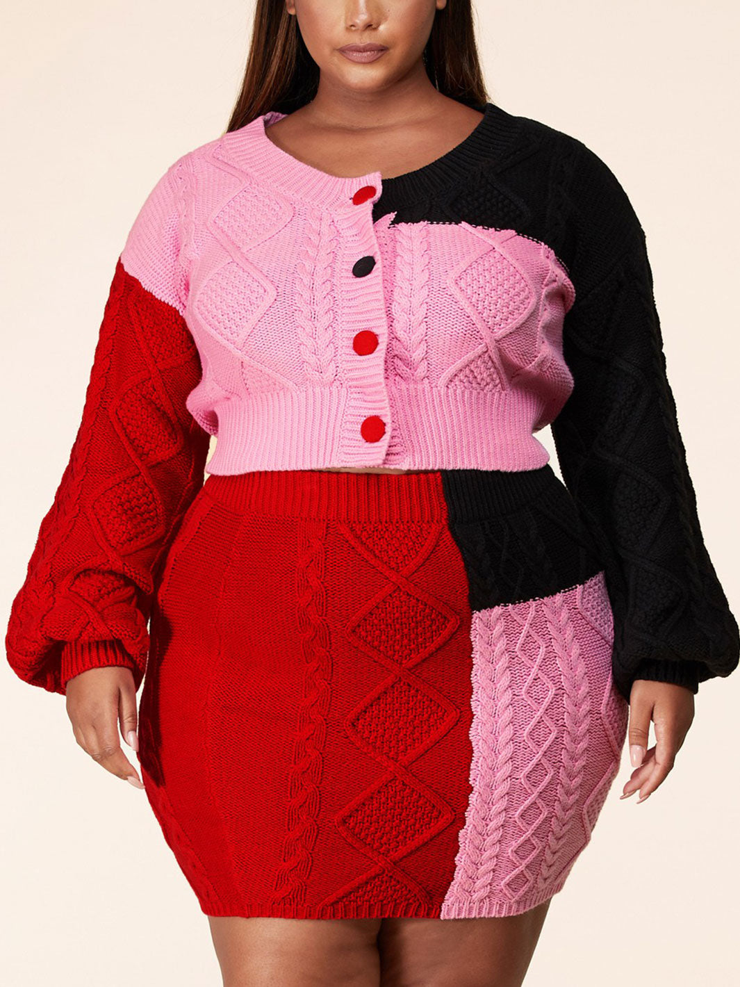PLUS SIZE COLORBLOCK SWEATER AND MINI SKIRT SET