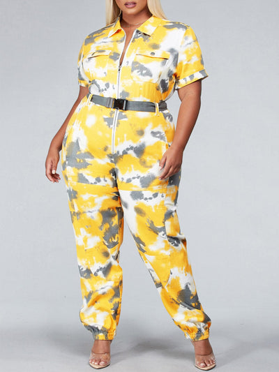 PLUS SIZE SHORT SLEEVE ZIP UP BELTED DENIM TIE DYE JUMPSUIT