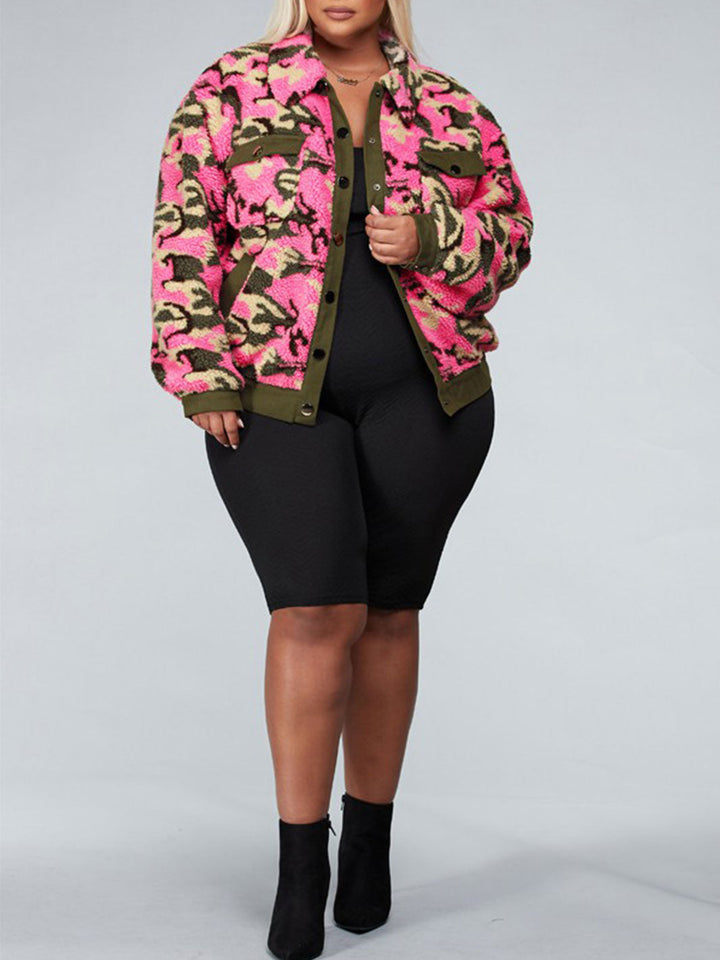 PLUS SIZE COLLAR CAMO PRINT PUFF JACKET