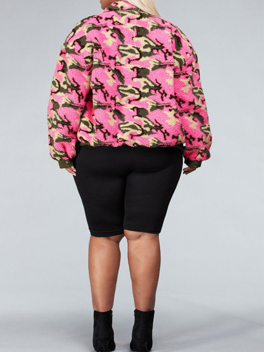 PLUS SIZE COLLAR CAMO PRINT PUFF JACKET