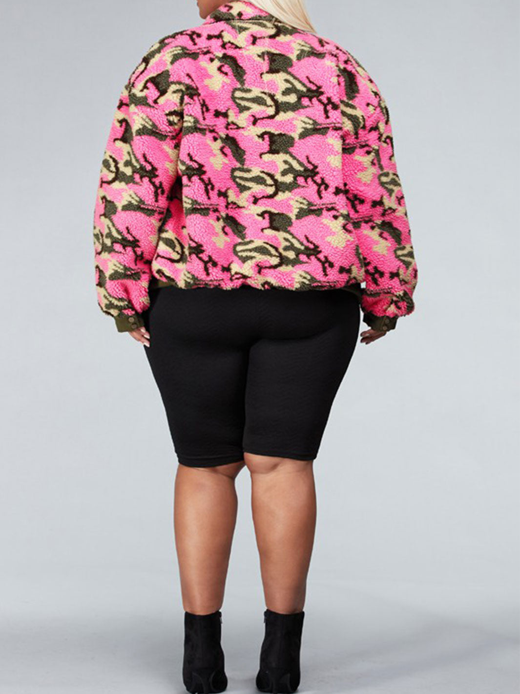 PLUS SIZE COLLAR CAMO PRINT PUFF JACKET
