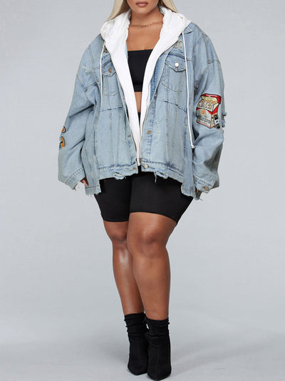 PLUS SIZE LONG SLEEVE HOODED DENIM JACKET