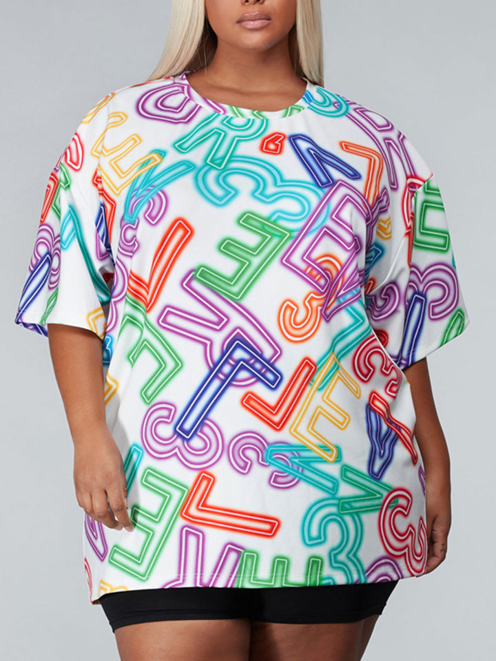 PLUS SIZE SHORT SLEEVE GRAPHIC NEON PRINT TOP