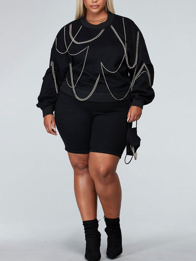 PLUS SIZE CHAIN DETAILED 2PC. SWEATER AND SHORTS SET