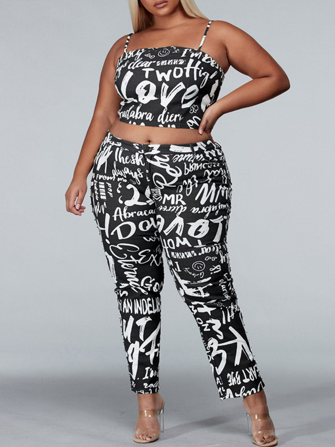 PLUS SIZE SLEEVELESS 2PC. TOP & PANTS GRAPHIC DENIM SET