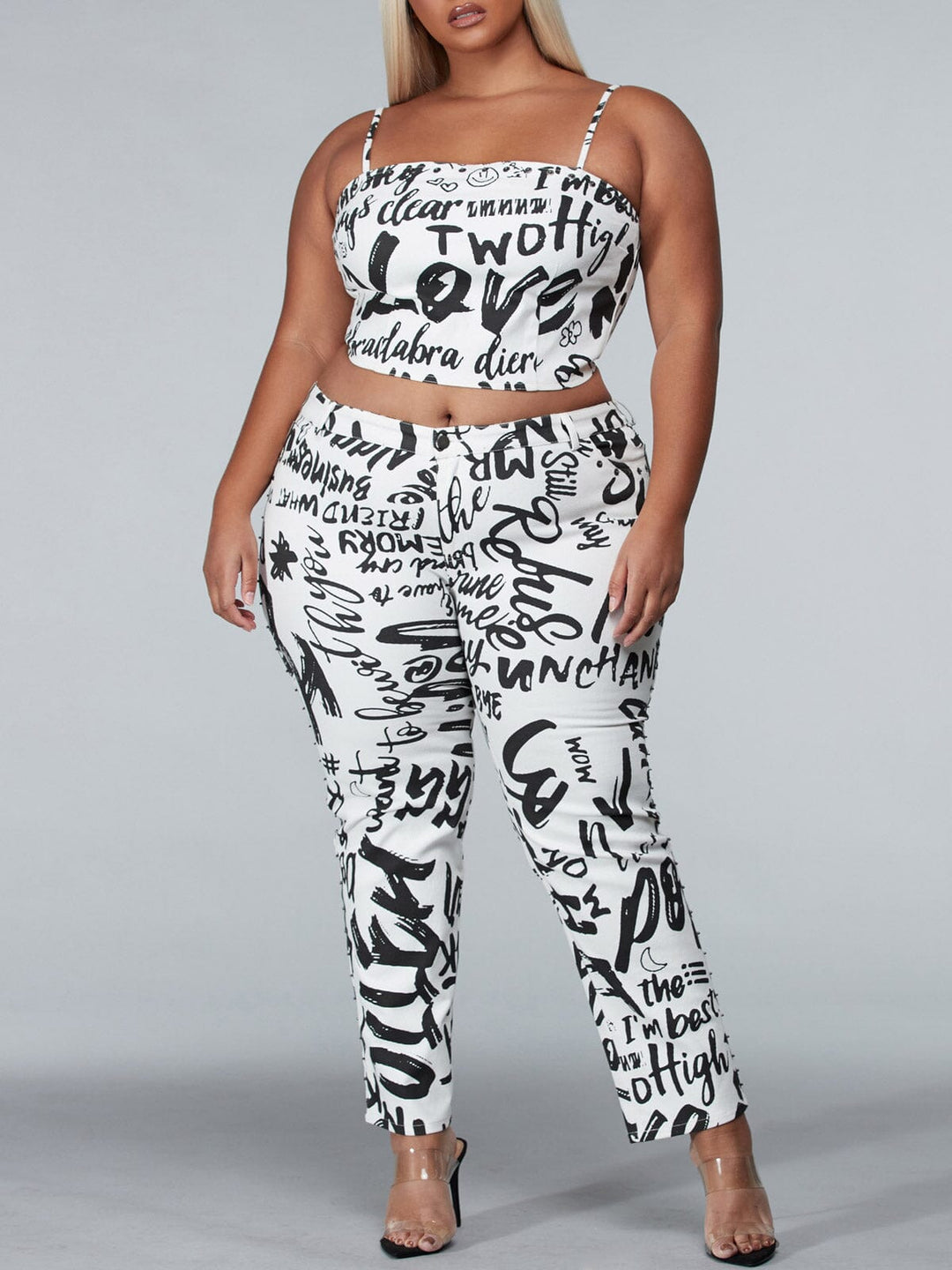 PLUS SIZE SLEEVELESS 2PC. TOP & PANTS GRAPHIC DENIM SET