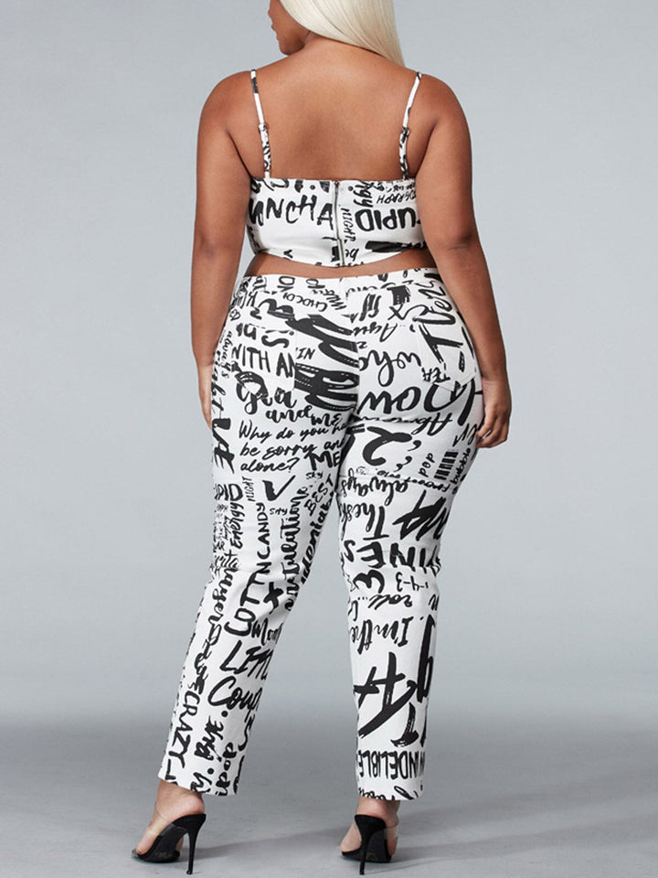PLUS SIZE SLEEVELESS 2PC. TOP & PANTS GRAPHIC DENIM SET
