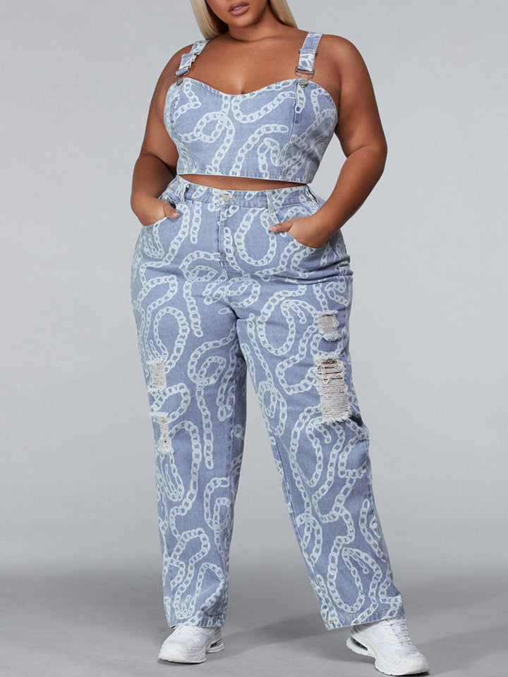 PLUS SIZE SLEEVELESS 2PC. TOP & PANTS DISTRESSED DENIM PRINT SET