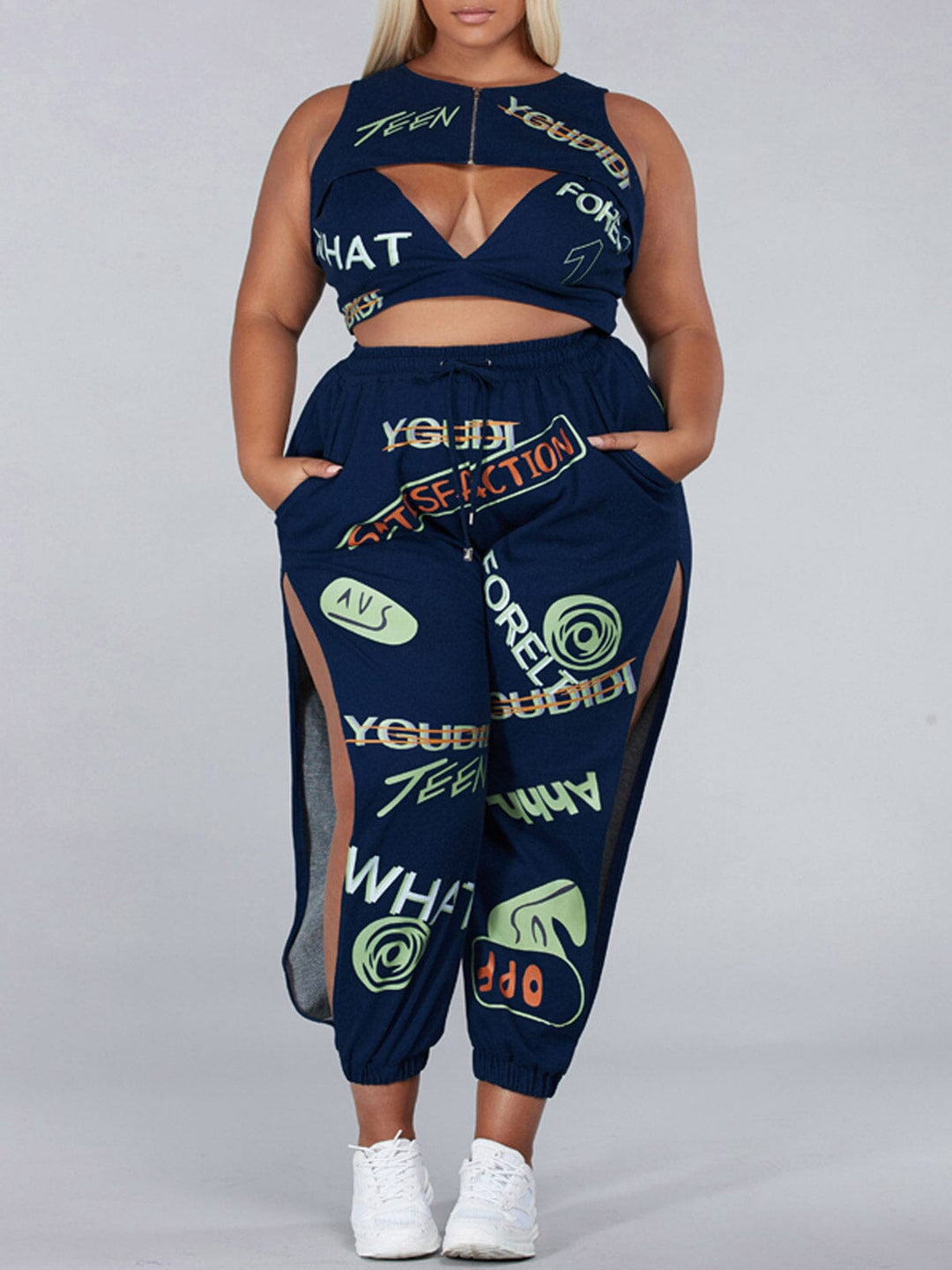 PLUS SIZE SLEEVELESS 3PC. TOP & PANTS GRAPGIC SET