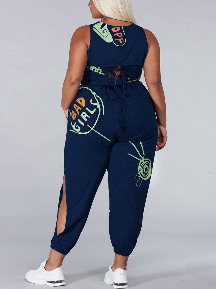 PLUS SIZE SLEEVELESS 3PC. TOP & PANTS GRAPGIC SET