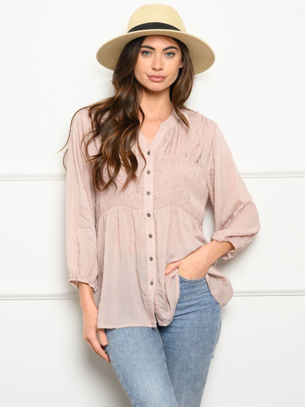 WOMEN'S LONG SLEEVE SMOCKING DETAIL TOP