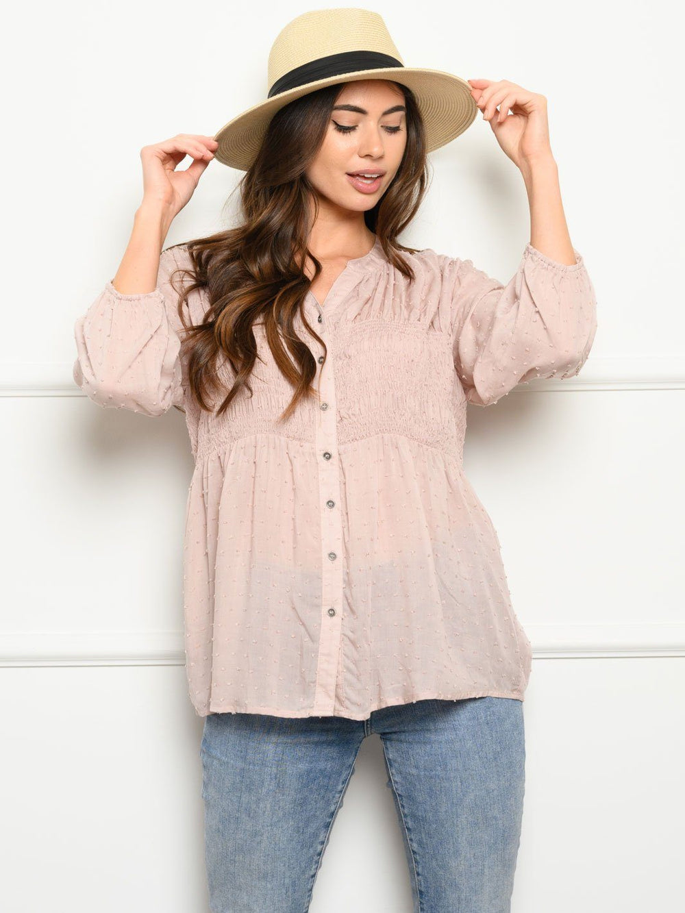 WOMEN'S LONG SLEEVE SMOCKING DETAIL TOP