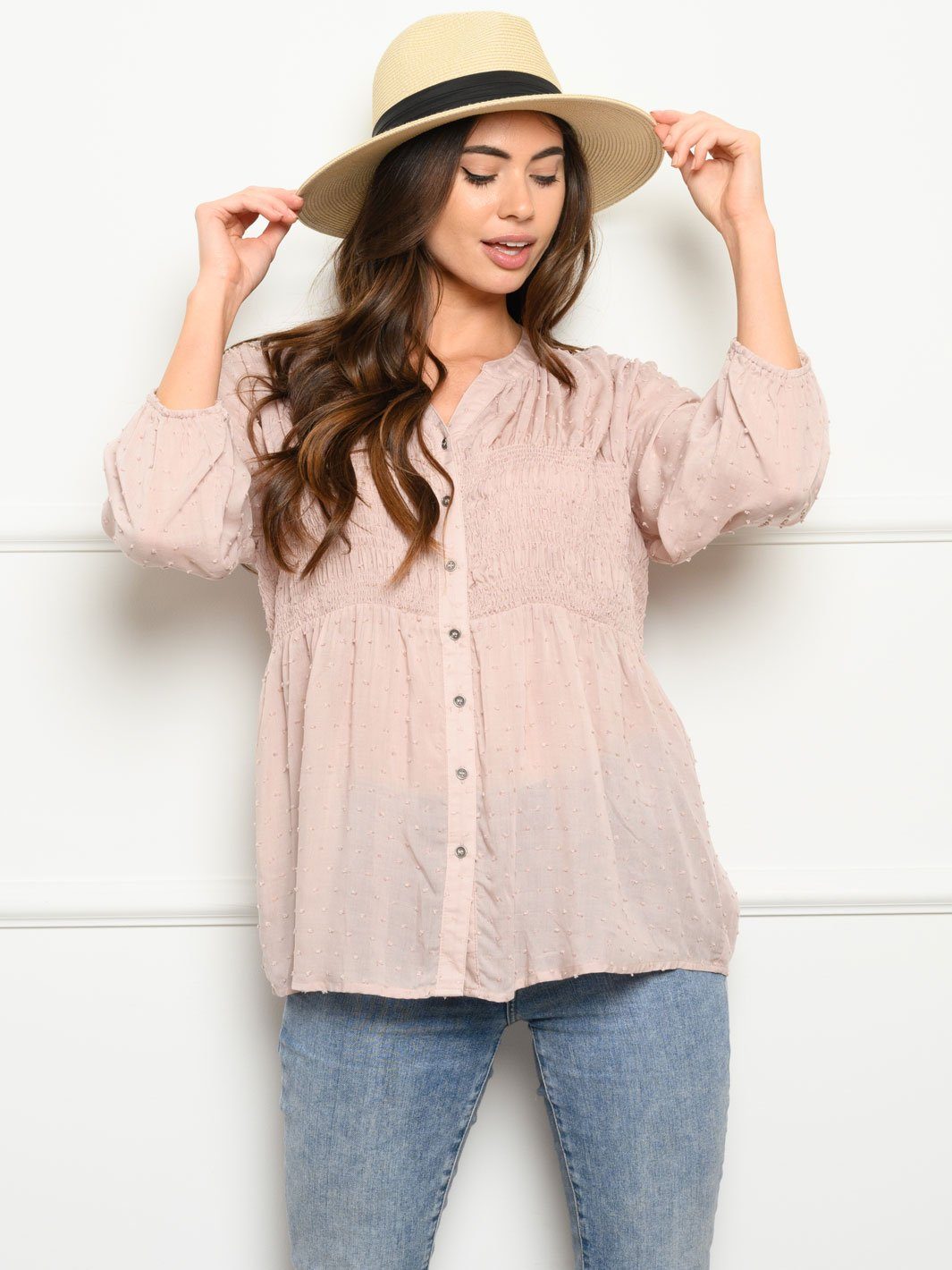 WOMEN'S LONG SLEEVE SMOCKING DETAIL TOP