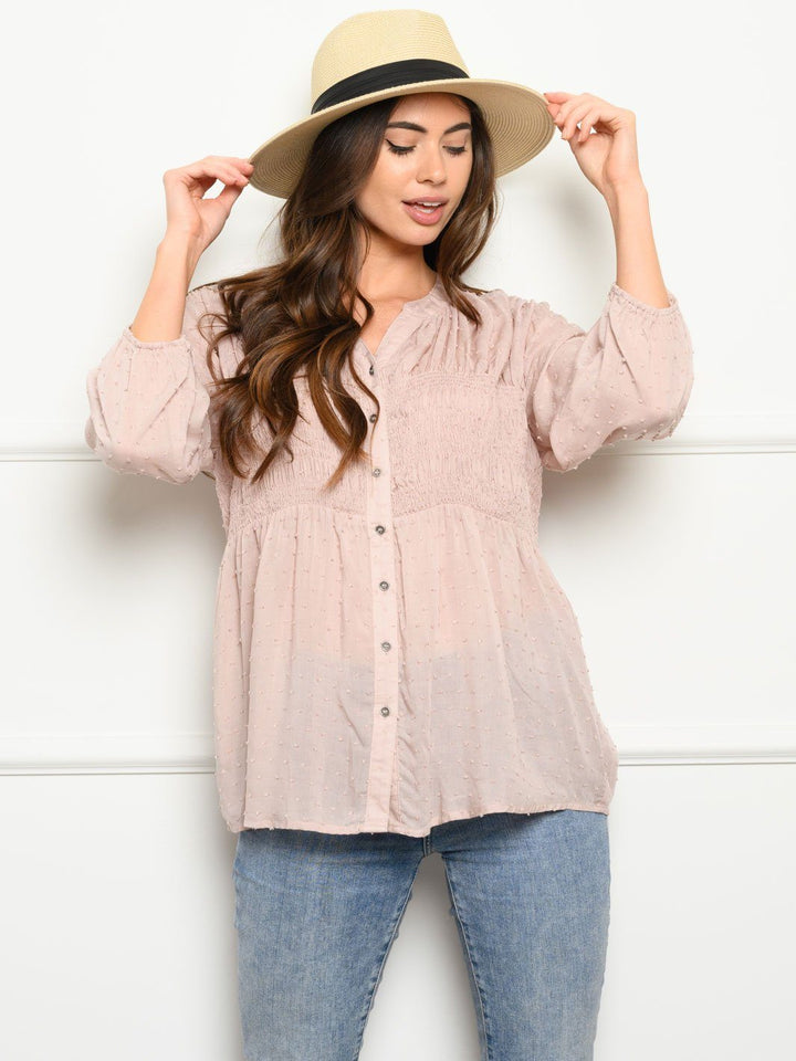 WOMEN'S LONG SLEEVE SMOCKING DETAIL TOP