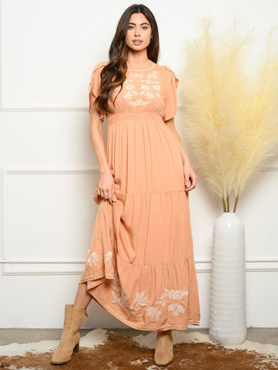WOMEN'S EMBROIDERED TULIP SHORT SLEEVES MAXI DRESS