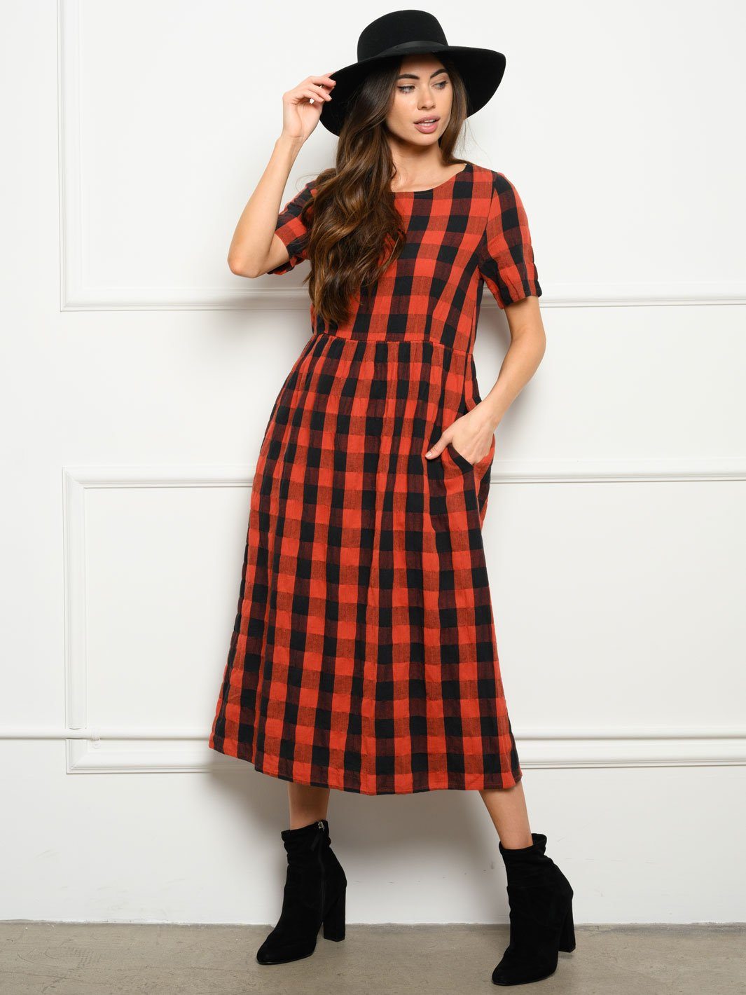 WOMEN'S CHECKER PRINT MIDI DRESS
