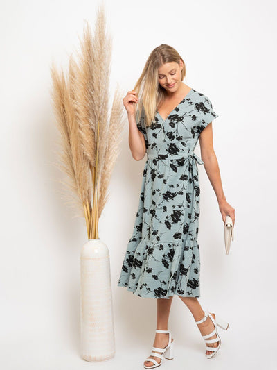 WOMENS' MIDI SAGE FLORAL WRAP DRESS