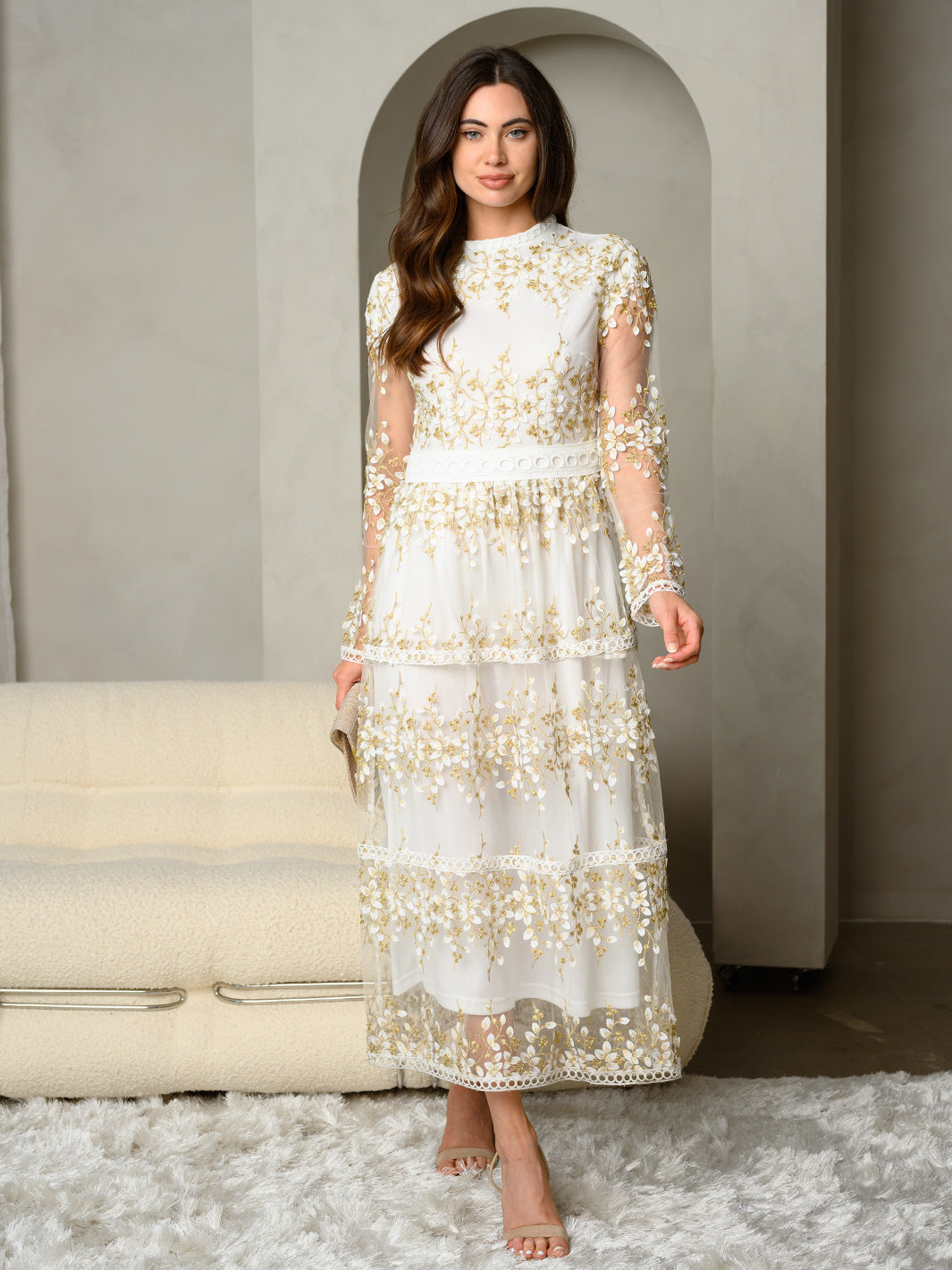 WOMENS EMBROIDERED FLORAL LACE DETAIL TIERED MAXI DRESS