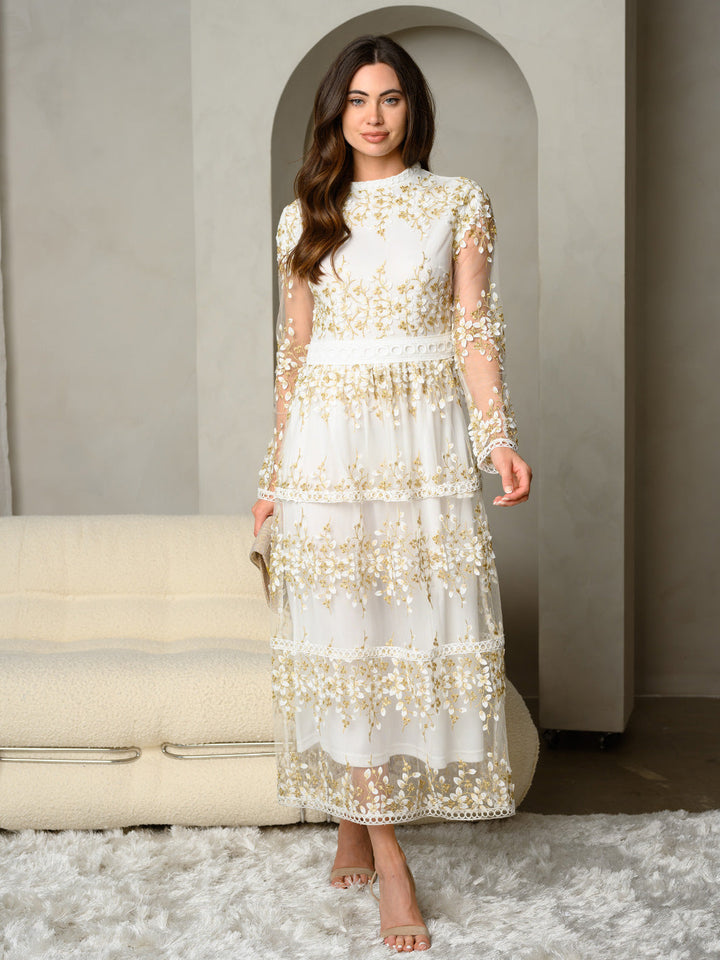 WOMENS EMBROIDERED FLORAL LACE DETAIL TIERED MAXI DRESS