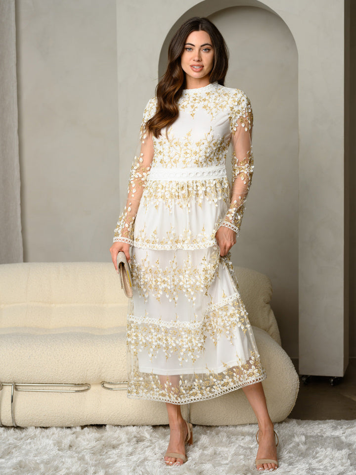 WOMENS EMBROIDERED FLORAL LACE DETAIL TIERED MAXI DRESS