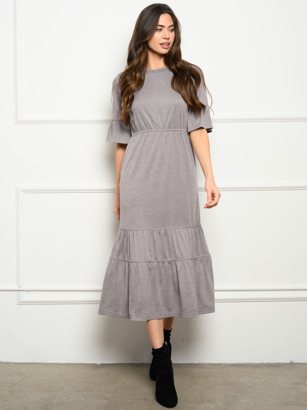 WOMEN'S TIERED LACE TRIM MIDI DRESS