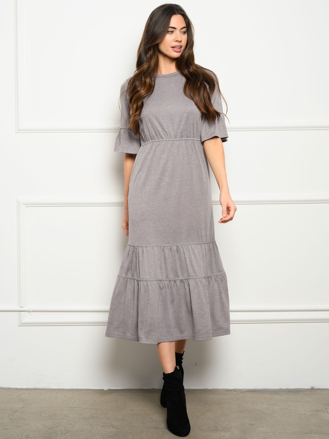 WOMEN'S TIERED LACE TRIM MIDI DRESS