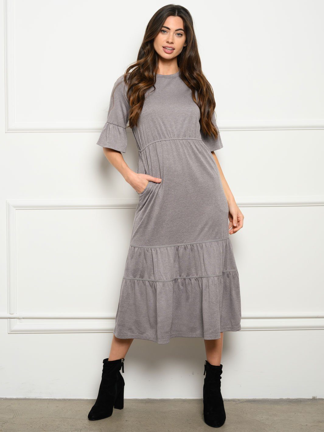 WOMEN'S TIERED LACE TRIM MIDI DRESS