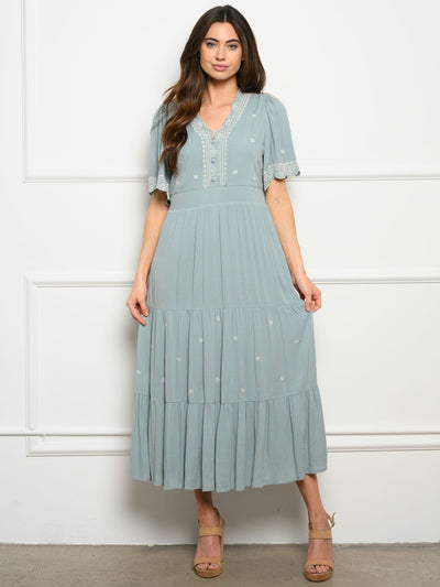 WOMEN'S EMBROIDERED TIERED MIDI DRESS