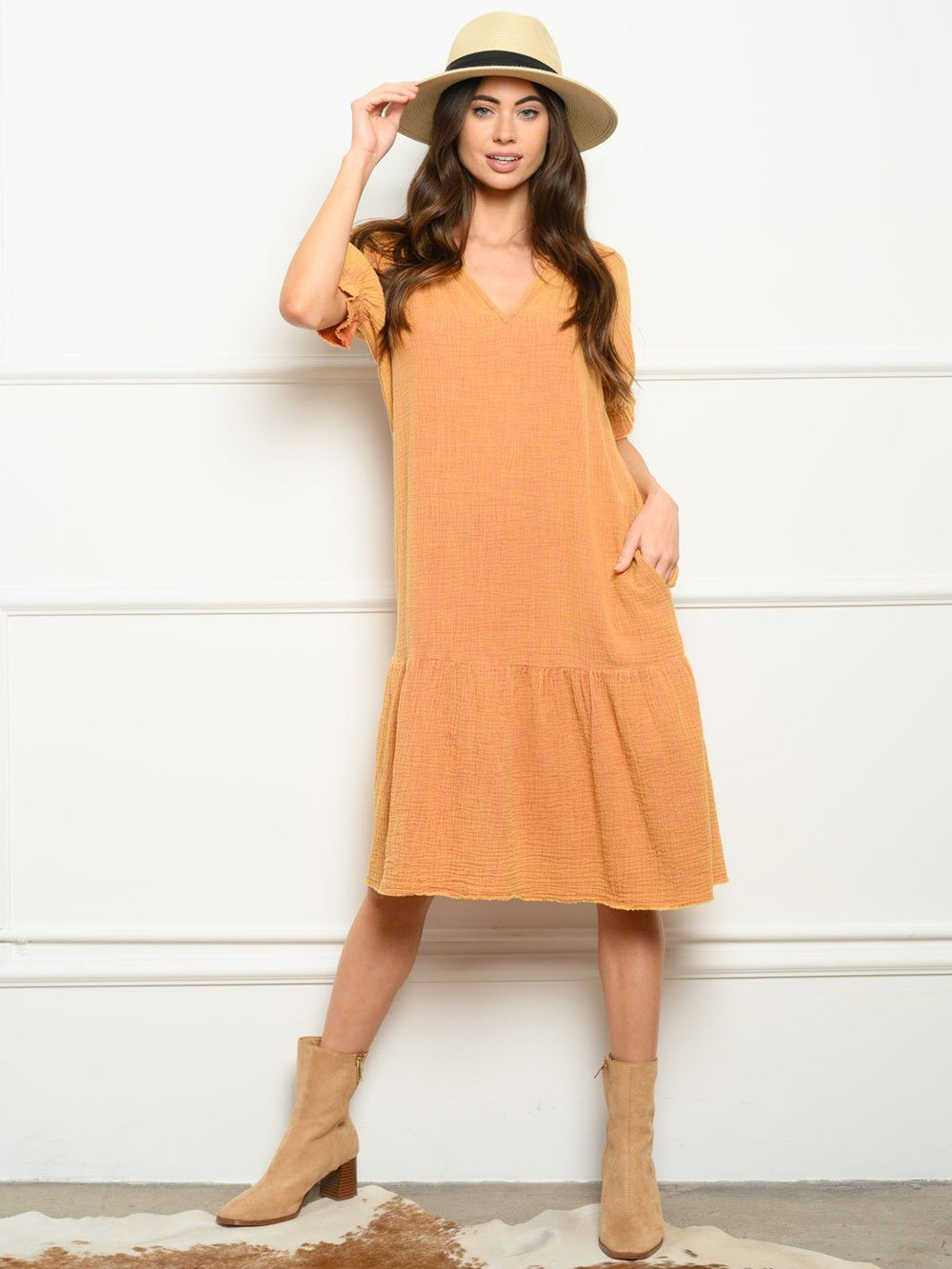 WOMEN'S RUFFLE NECK MIDI DRESS