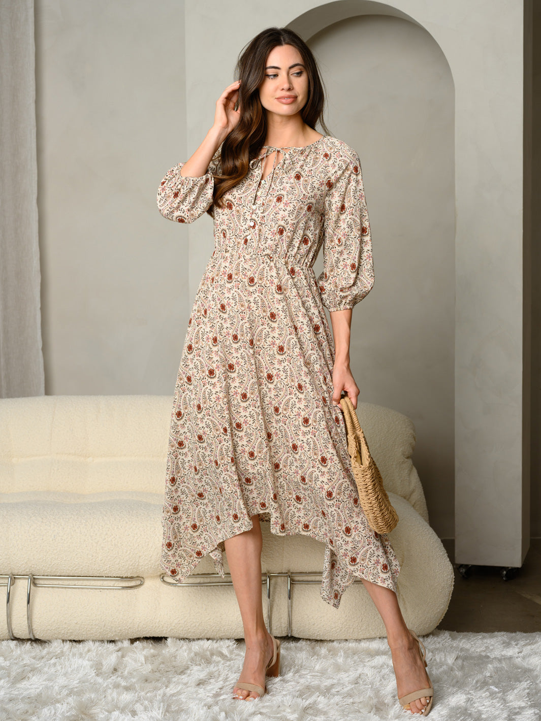 WOMEN'S FLORAL & PAISLEY PRINT TIE NECK BAND 3/4 SLEEVE MAXI DRESS