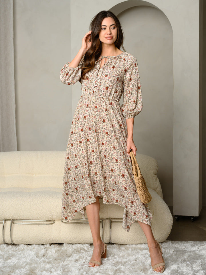WOMEN'S FLORAL & PAISLEY PRINT TIE NECK BAND 3/4 SLEEVE MAXI DRESS