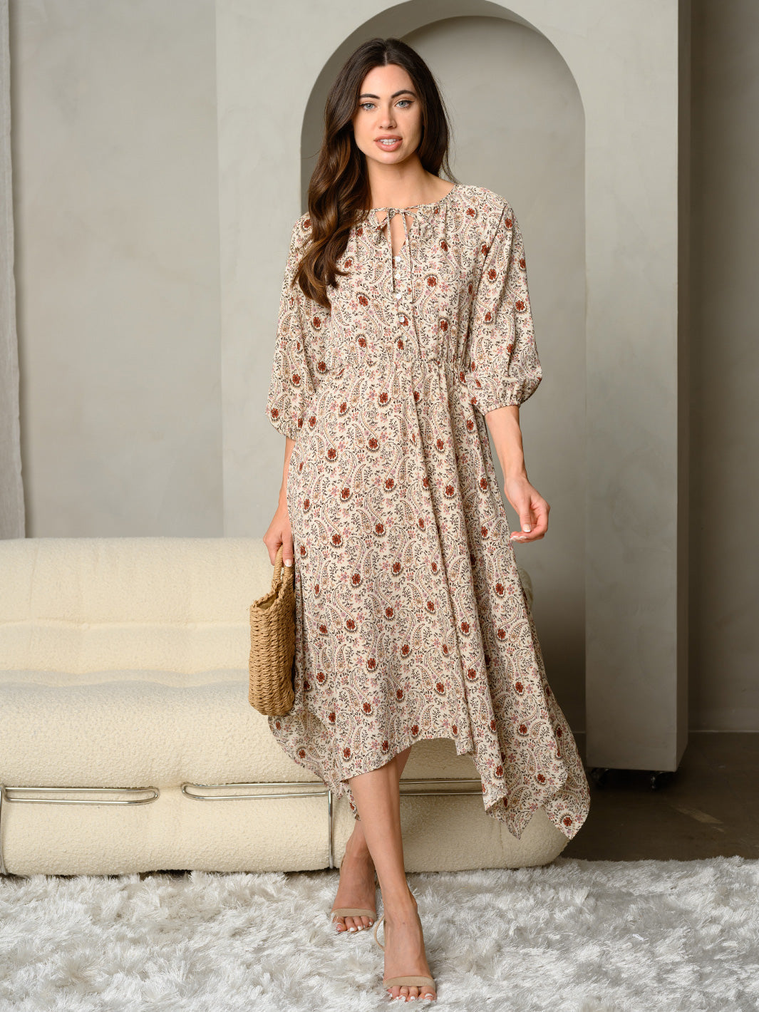 WOMEN'S FLORAL & PAISLEY PRINT TIE NECK BAND 3/4 SLEEVE MAXI DRESS