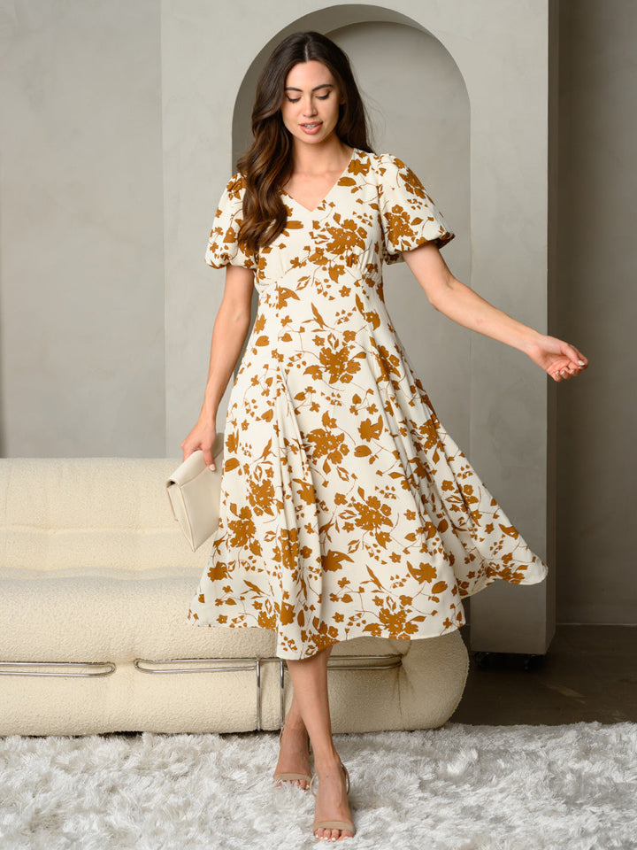 WOMEN'S FLORAL PRINT V-NECK WITH BUBBLE SLEEVE MAXI DRESS