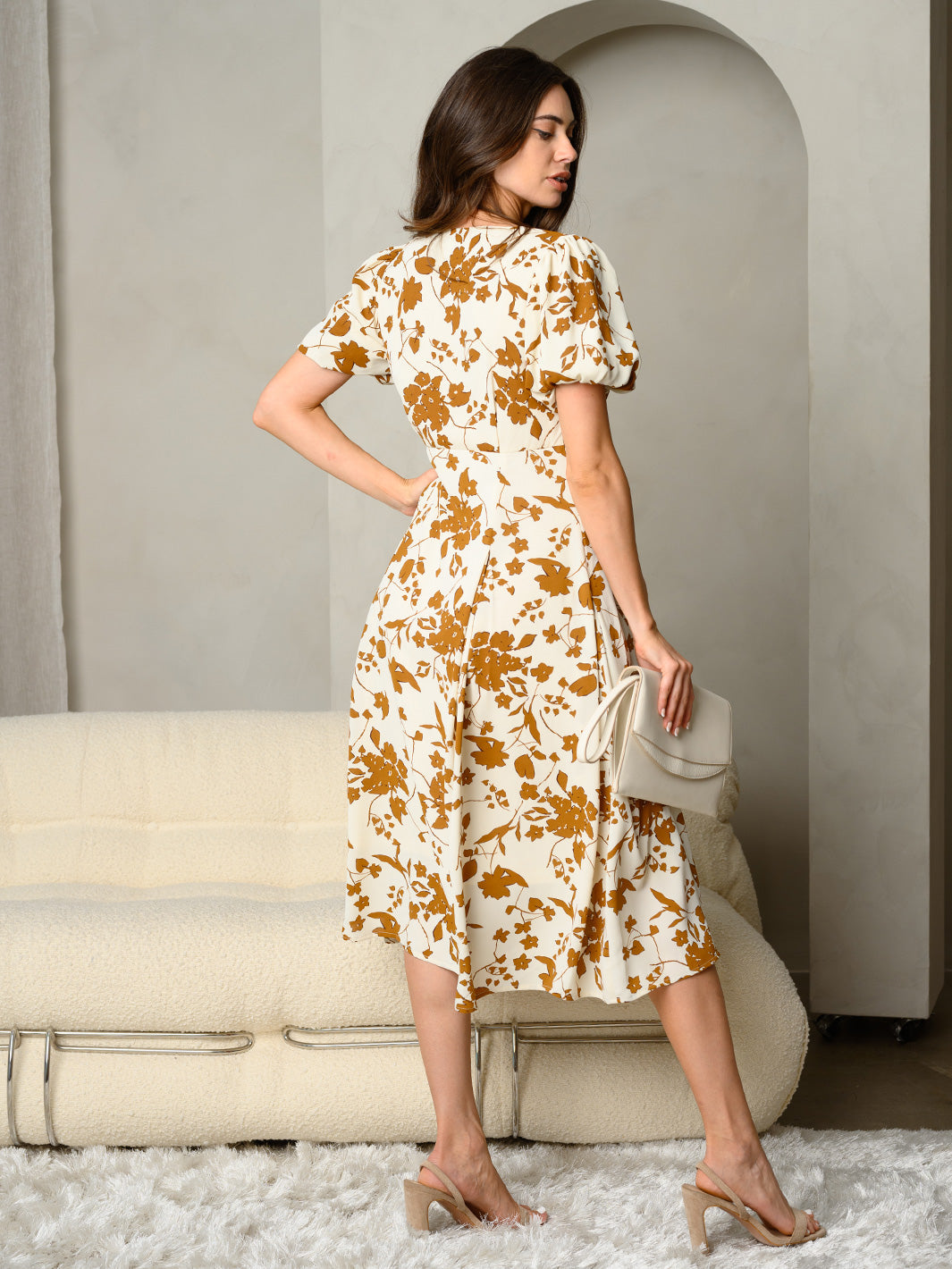 WOMEN'S FLORAL PRINT V-NECK WITH BUBBLE SLEEVE MAXI DRESS