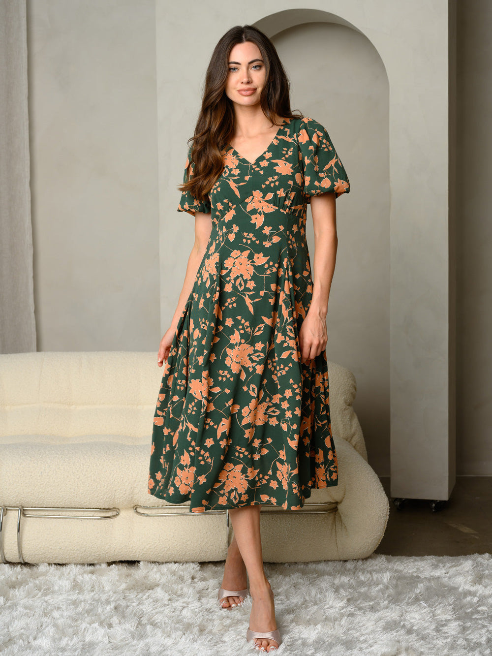 WOMEN'S FLORAL PRINT V-NECK WITH BUBBLE SLEEVE MAXI DRESS