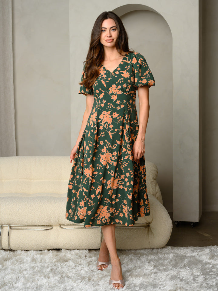 WOMEN'S FLORAL PRINT V-NECK WITH BUBBLE SLEEVE MAXI DRESS