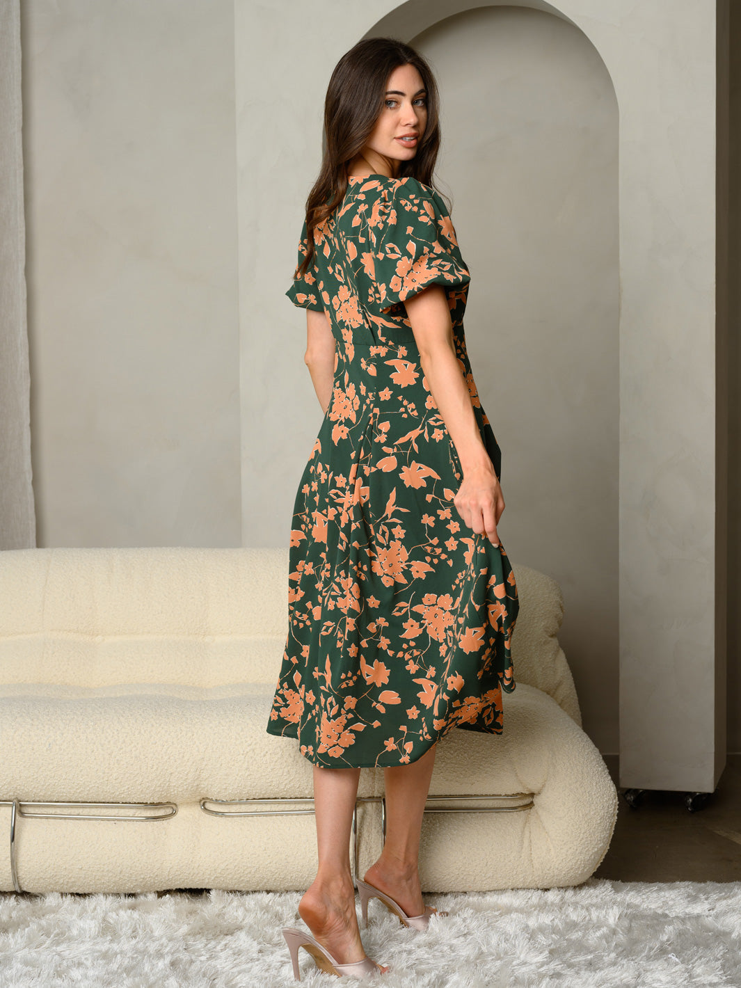 WOMEN'S FLORAL PRINT V-NECK WITH BUBBLE SLEEVE MAXI DRESS