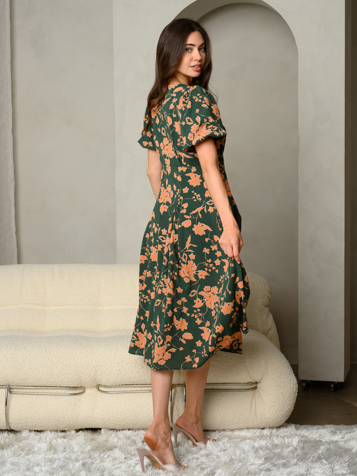WOMEN'S FLORAL PRINT V-NECK WITH BUBBLE SLEEVE MAXI DRESS