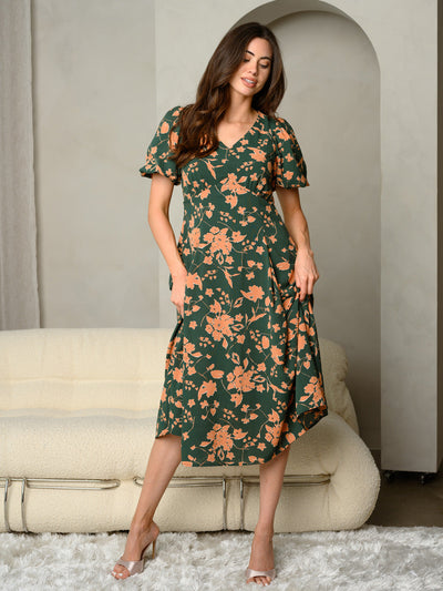 WOMEN'S FLORAL PRINT V-NECK WITH BUBBLE SLEEVE MAXI DRESS
