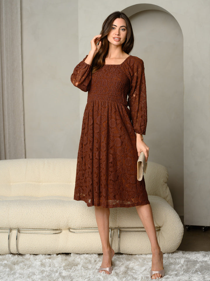 WOMEN'S SQUARE NECK SMOCKING BODICE WITH LACE SLEEVES MAXI DRESS