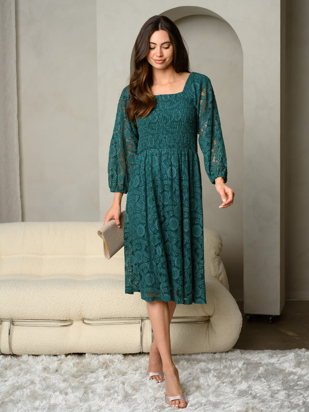 WOMEN'S SQUARE NECK SMOCKING BODICE WITH LACE SLEEVES MAXI DRESS