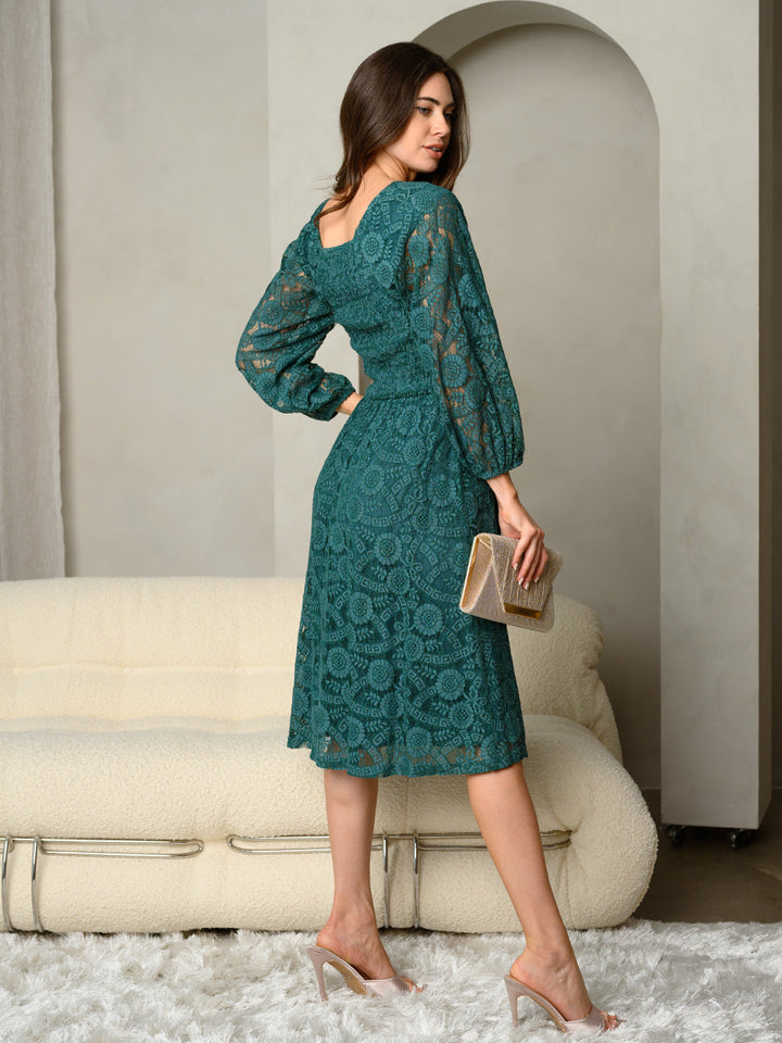 WOMEN'S SQUARE NECK SMOCKING BODICE WITH LACE SLEEVES MAXI DRESS