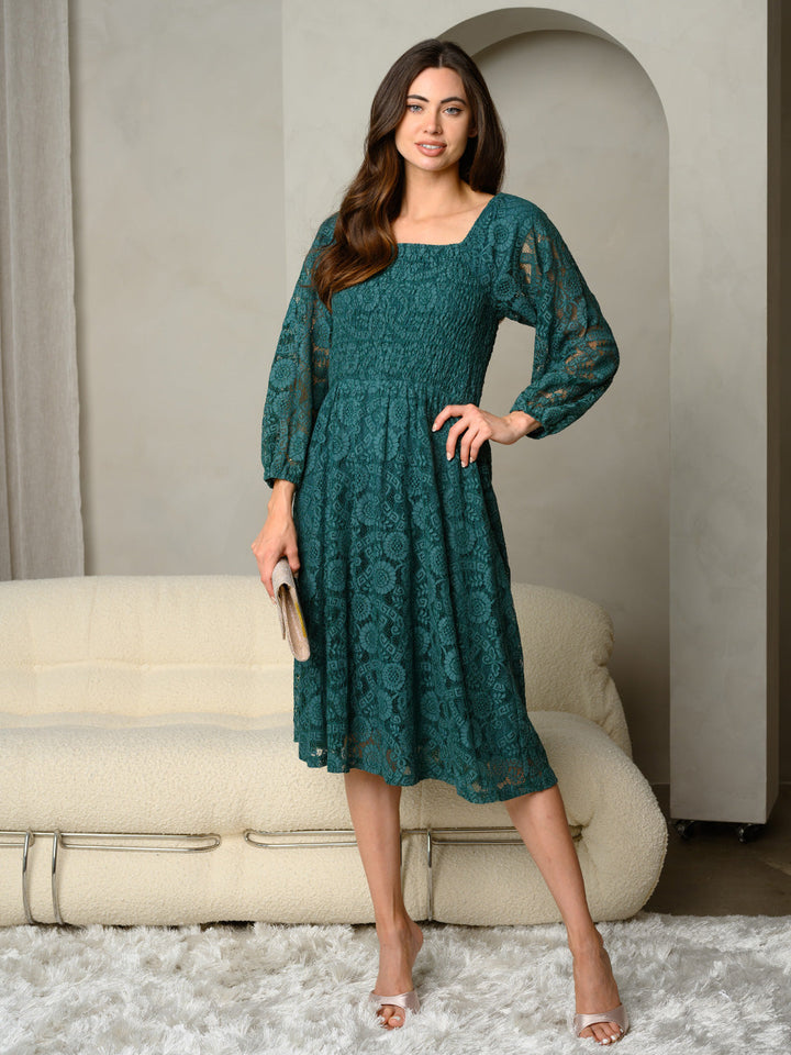 WOMEN'S SQUARE NECK SMOCKING BODICE WITH LACE SLEEVES MAXI DRESS